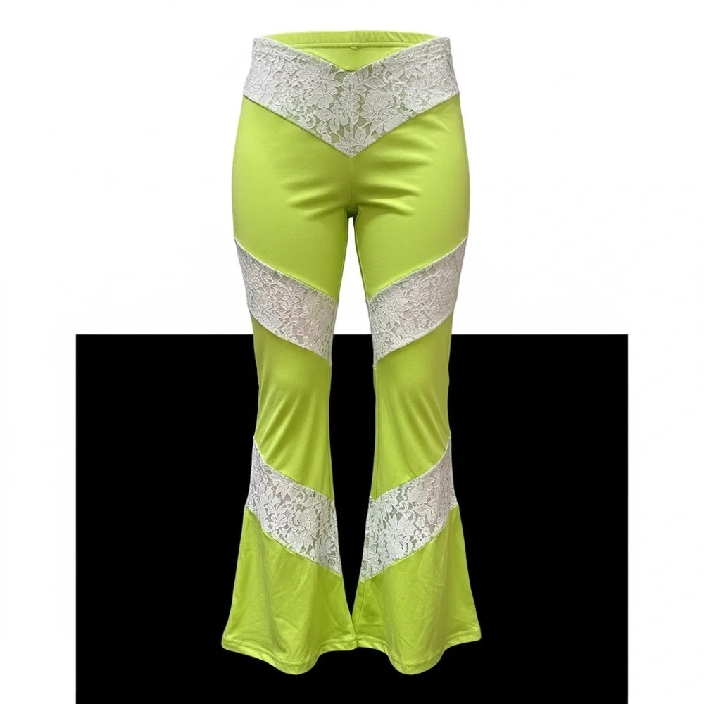 Lace-Trimmed Lime Green Flare Pants - Picture 3 of 5